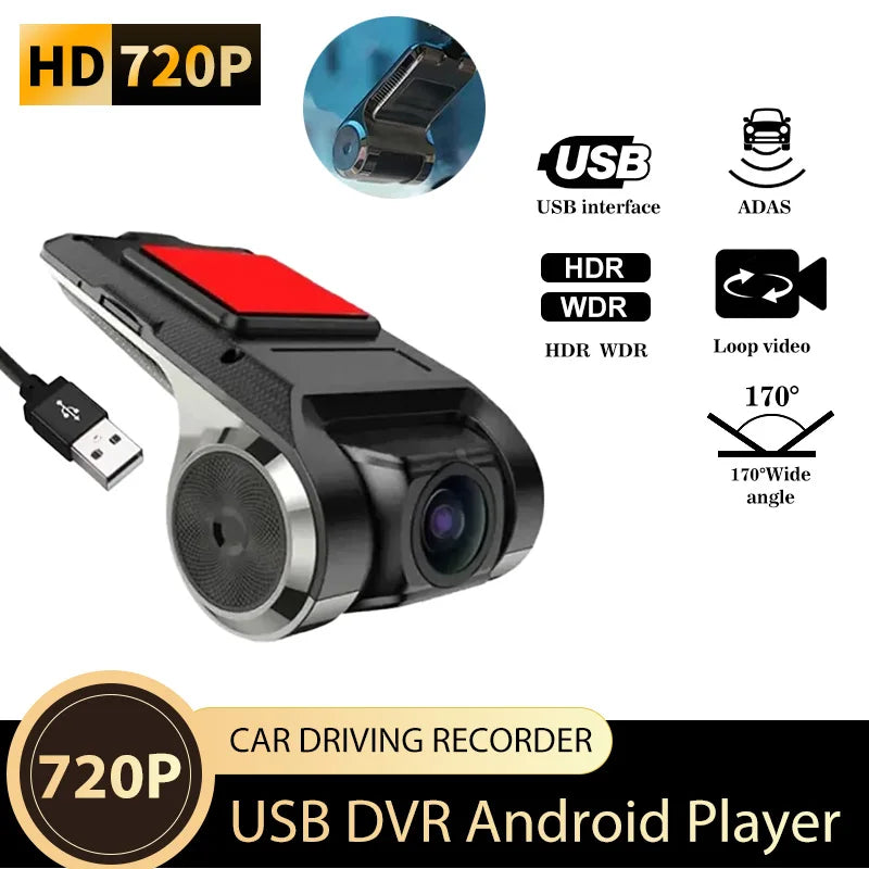720P USB Dash Cam with ADAS & 170° Wide Angle – HDR/WDR Night Vision for Android Car Player Car Mobile World