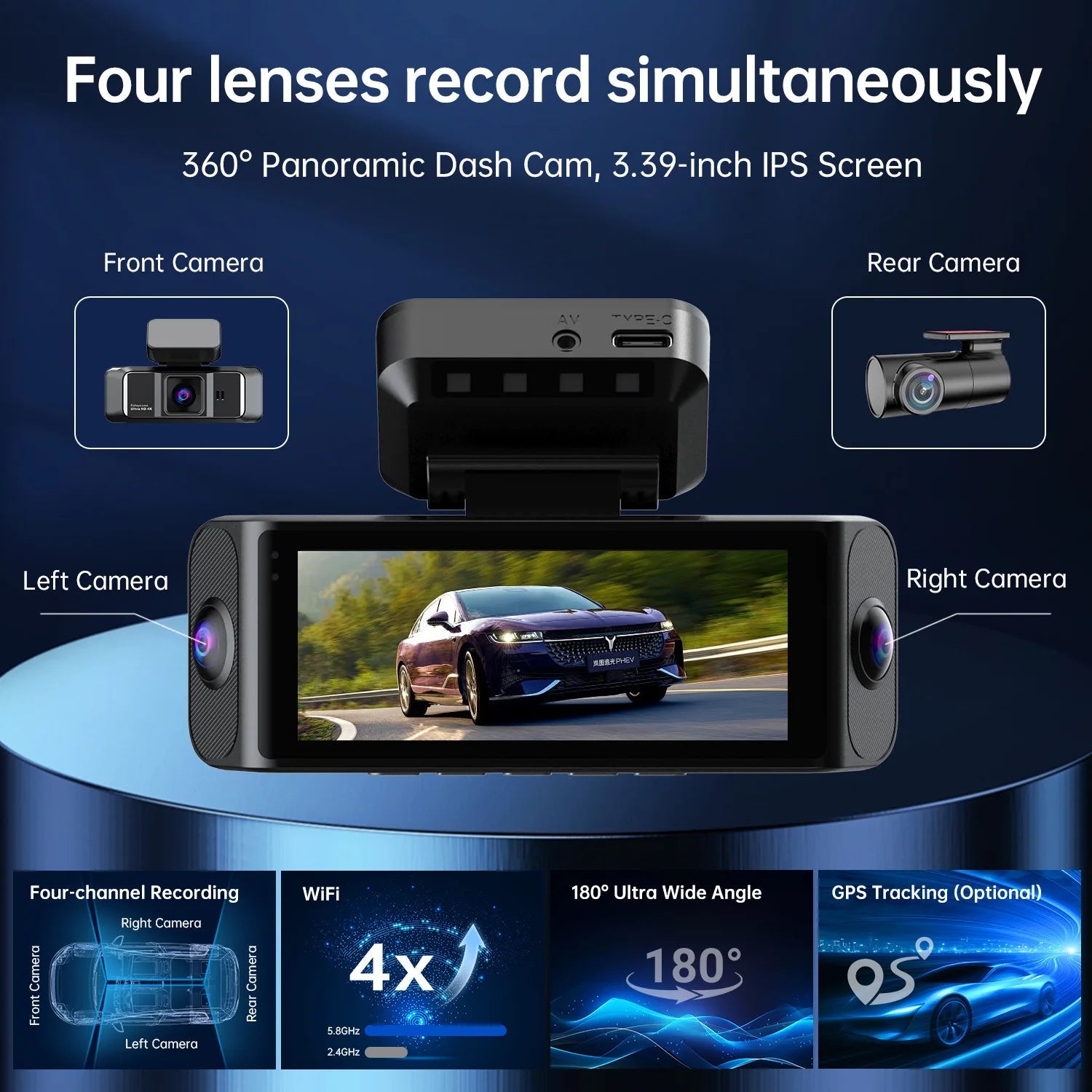 4K UHD 4 Channel Car DVR Dash Cam Quad Lens All Round View 3.39" Screen Built-in WiFi GPS Auto Loop Recording Driving Recorder Car Mobile World