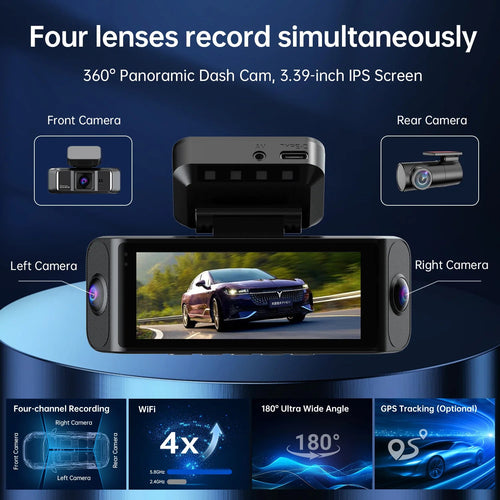 4K UHD 4 Channel Car DVR Dash Cam Quad Lens All Round View 3.39" Screen Built-in WiFi GPS Auto Loop Recording Driving Recorder Car Mobile World