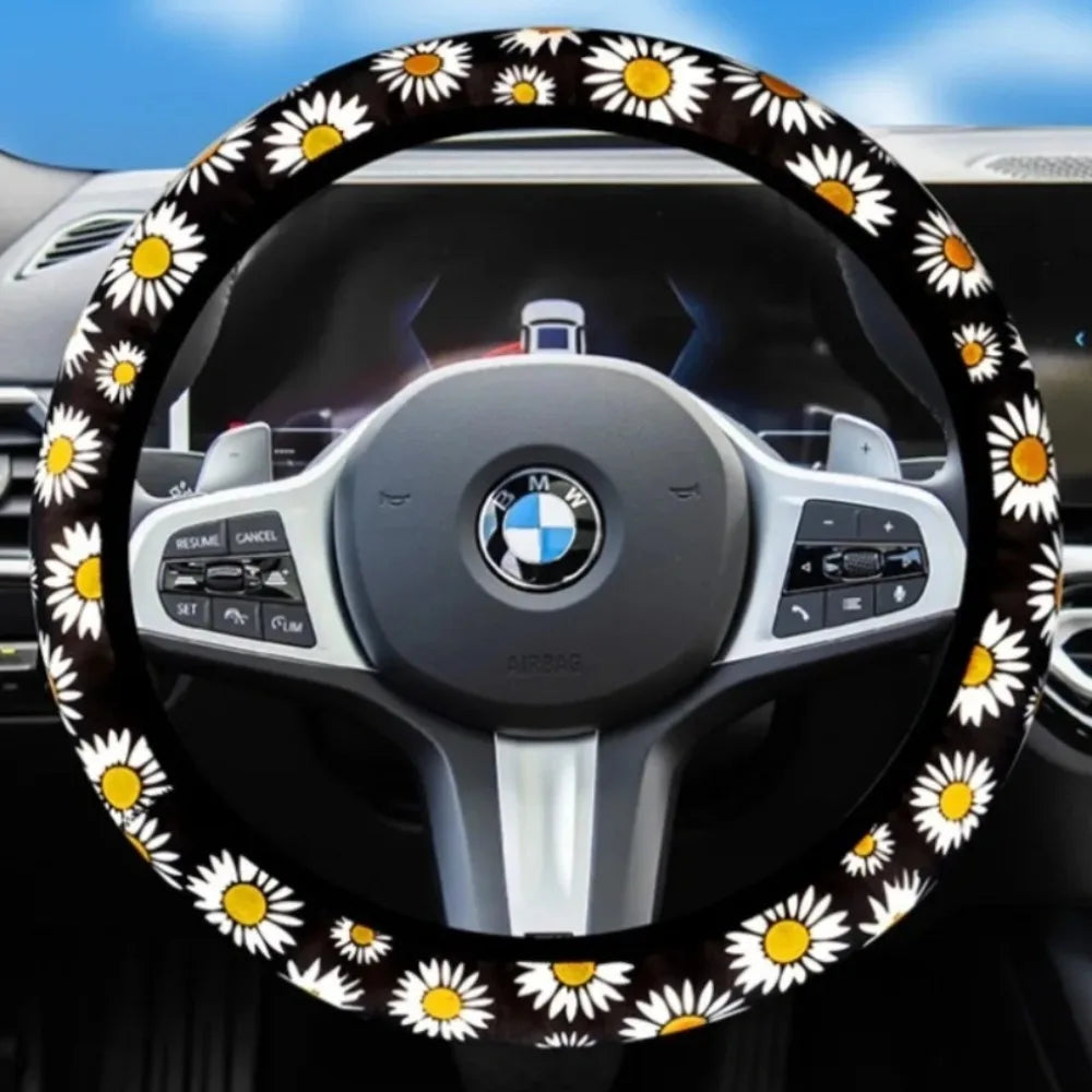 Car Steering Wheel Cover Universal 15 Inch Daisy Anti Slip Steering Wheel Cover Suitable for All Seasons Breathable Comfortable