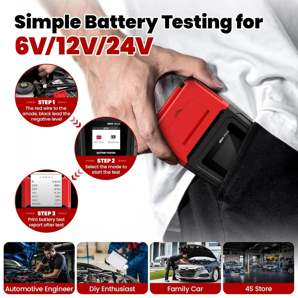 Car Battery Tester BM550U 6V/12V/24V 100-2000CCA 1.8" HD Screen Automotive Digital Battery Voltage Tester with Built-in Printer