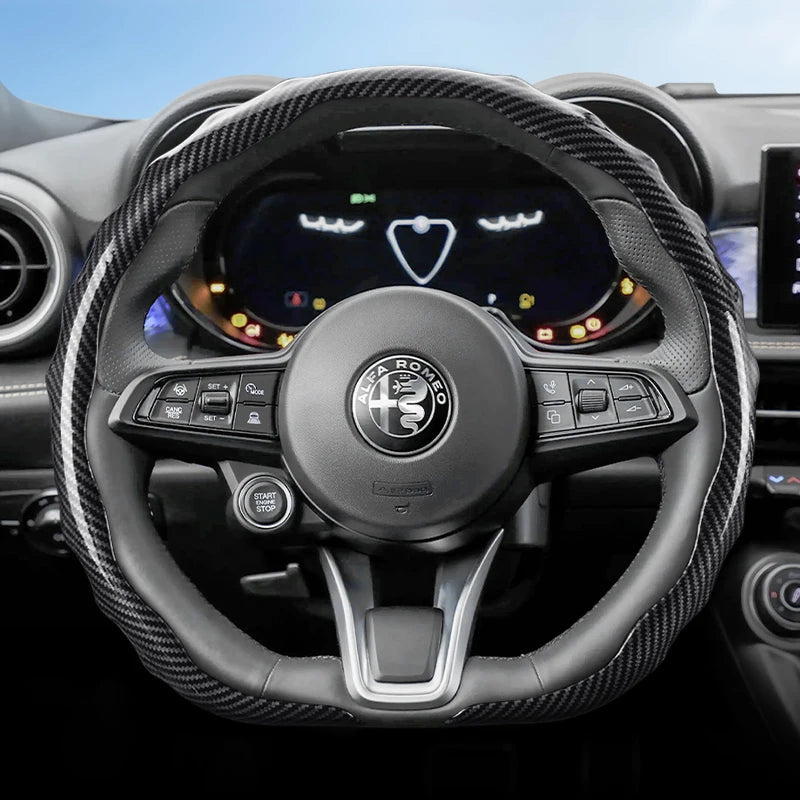 Suitable for Alfa Romeo Carbon Fiber Texture Steering Wheel Cover Snap-On Wave-Shaped Sports Design Protective Case Giulia 952 Stelvio 949 147 Mito Giulietta Tonale 965 Sprint 159 Quadrifoglio Black CM World