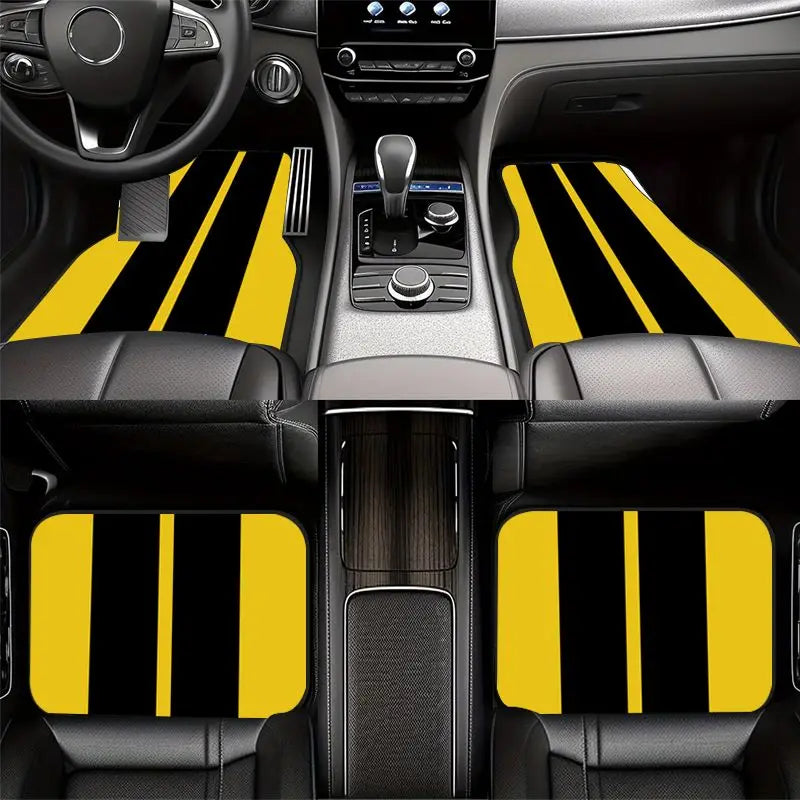 Yellow Black Stripe Car Mats Set 4Pcs Racing Sport Pattern Universal Auto Floor Liners Non Slip Interior Decoration Mats Car Mobile World
