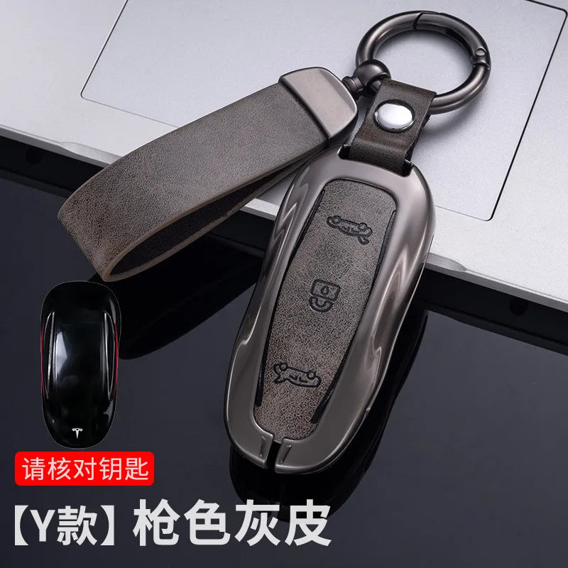 Car Zinc Alloy Leather Key Case Cover Holder For Tesla Model 3 Model S Model Y Model X Protector Keychain Interior Accessories