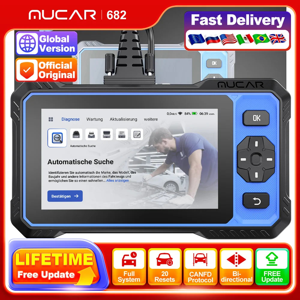 MUCAR 682 Auto OBD2 Scanner Lifetime Free Update Full System Clear Code Bidirectional Control 20 Reset CANFD Car Diagnostic Tool Car Mobile World