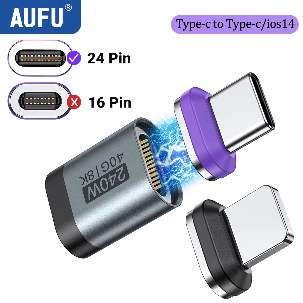 AUFU 240W Magnetic USB C Adapter Fast Charging Type C to USB C USB4 Connector 40Gbps 8K60Hz for Thunderbolt 4 3 iPhone16 Macbook