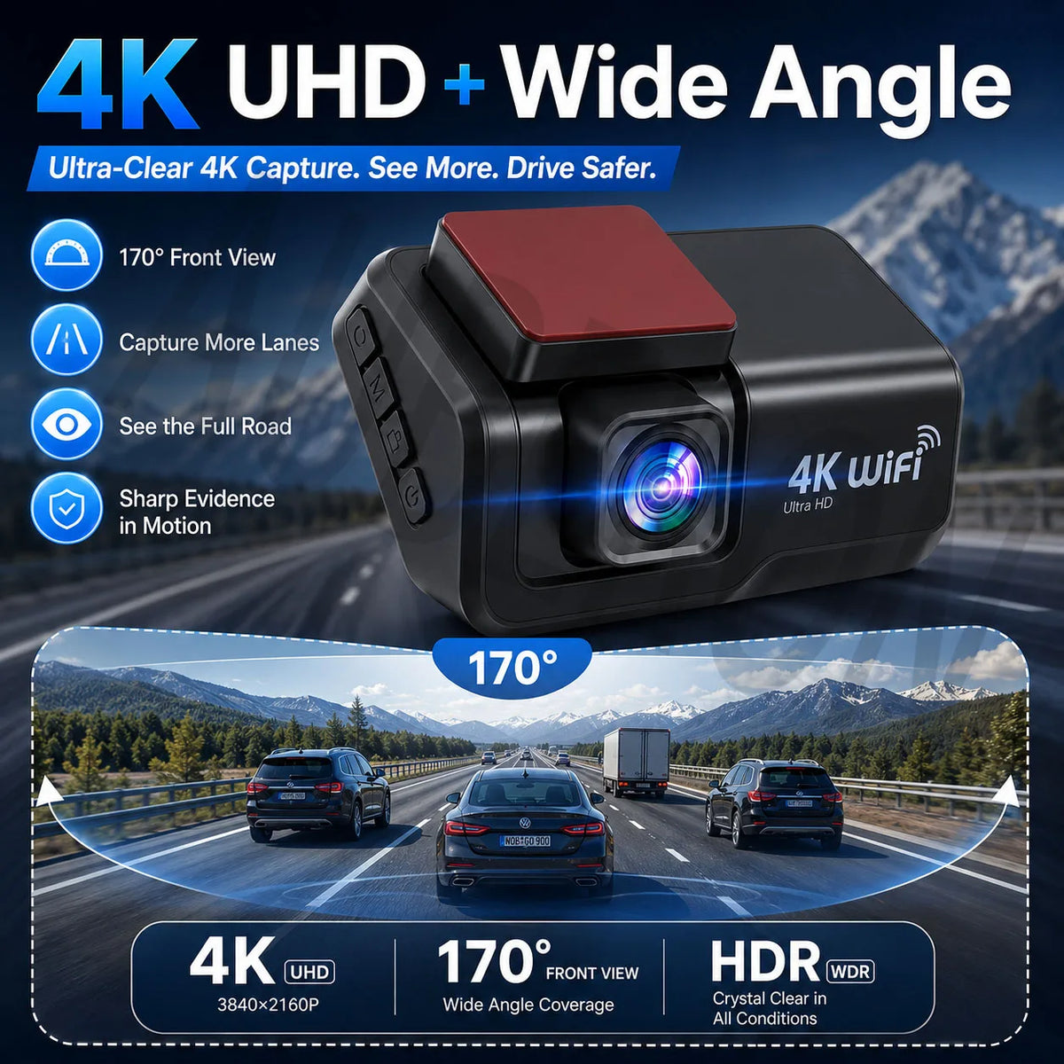 4K UHD Dash Cam WiFi Car Recording DVR Front and Rear Dual Lens Auto Car Camera with Night Vision Rearview Camera Loop Recording