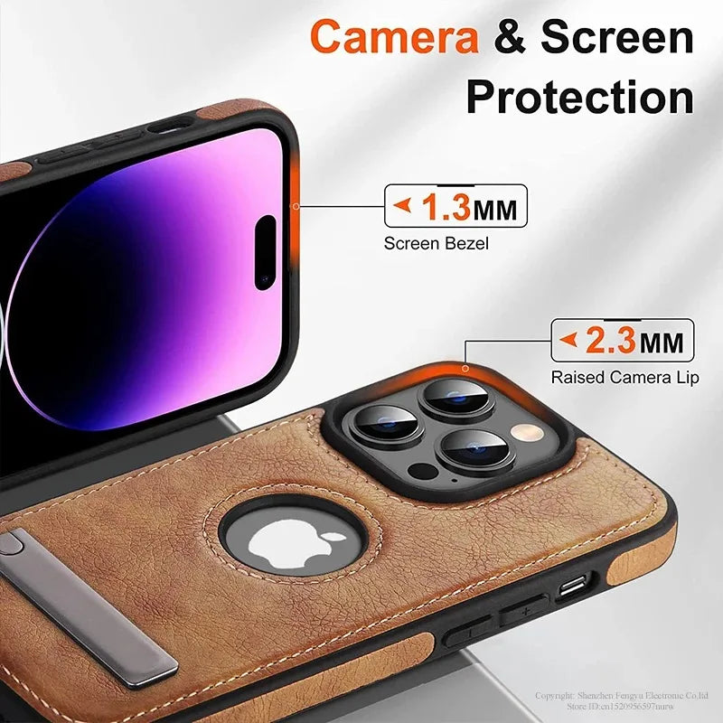 PU Leather Phone Case with Kickstand for iPhone 17 16 15 Pro Max 14 Plus 13 12 11 Mini Soft Grip Luxury Back Cover with Stand Car Mobile World