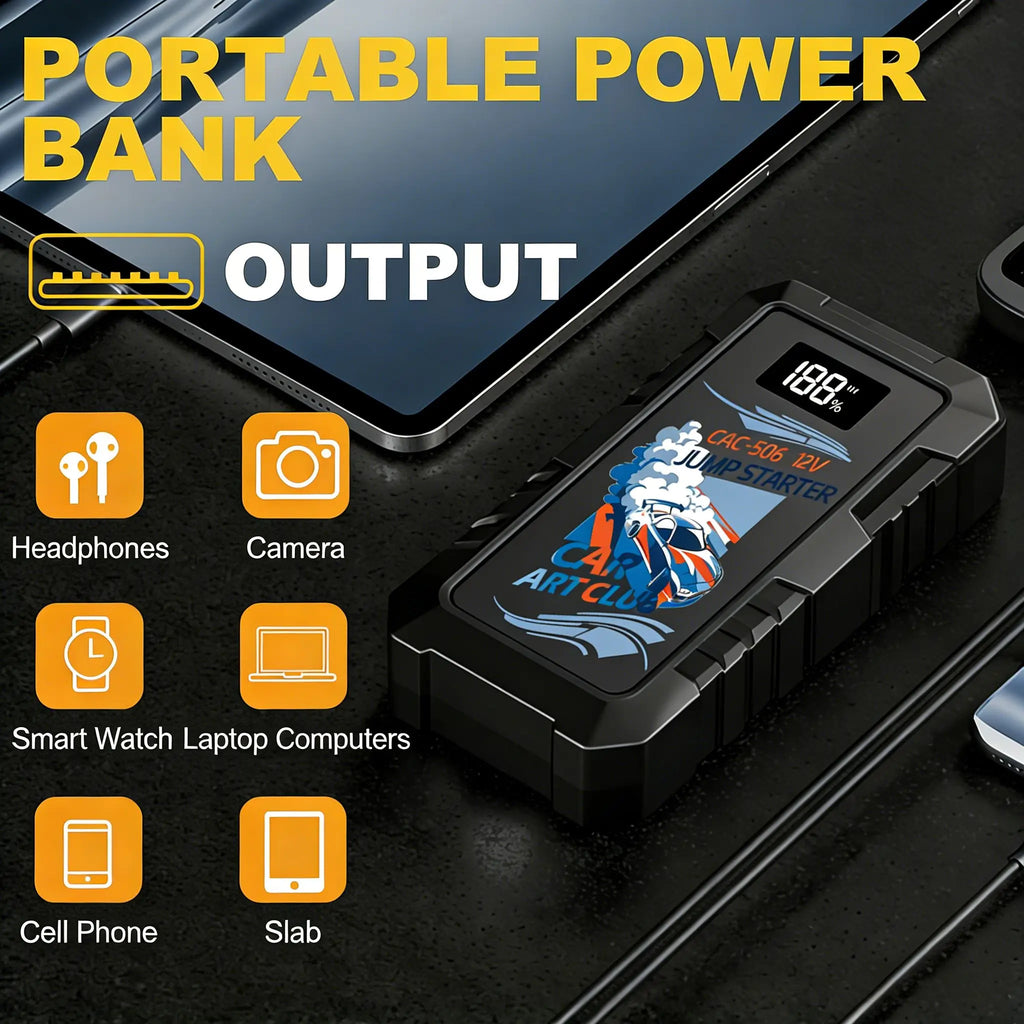CAR ART CLUB 6000A Portable Jump Starter, 12V Battery Booster, Emergency Power for 9L Gas 7L Diesel Engine SUV Truck
