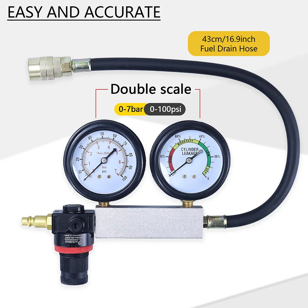 Cylinder Leak Down Tester Kit, Engine Cylinder Leakage Detector Dual Pressure Gauges 0‑40PSI, Compression Leak Test Tool for Car Truck Petrol Engine, with Quick Connect Fittings for Piston Ring, Valve, Head Gasket