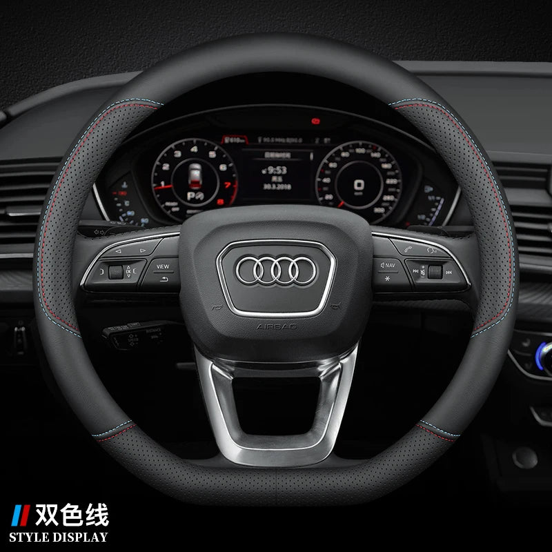 Ultra-Thin Full Leather Car Steering Wheel Cover Non-Slip round Breathable All Seasons Auto Wheel Protector