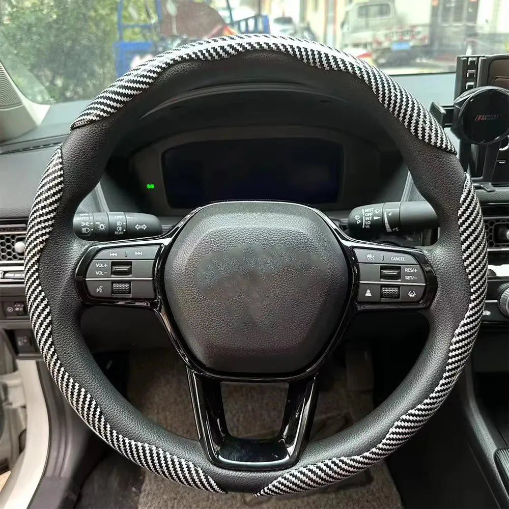 3PCS Laser Carbon Fiber Silicone Car Steering Wheel Cover 1K Micro Fiber Leather PVC Wheel Booster Cover Non-Slip Universal CM World