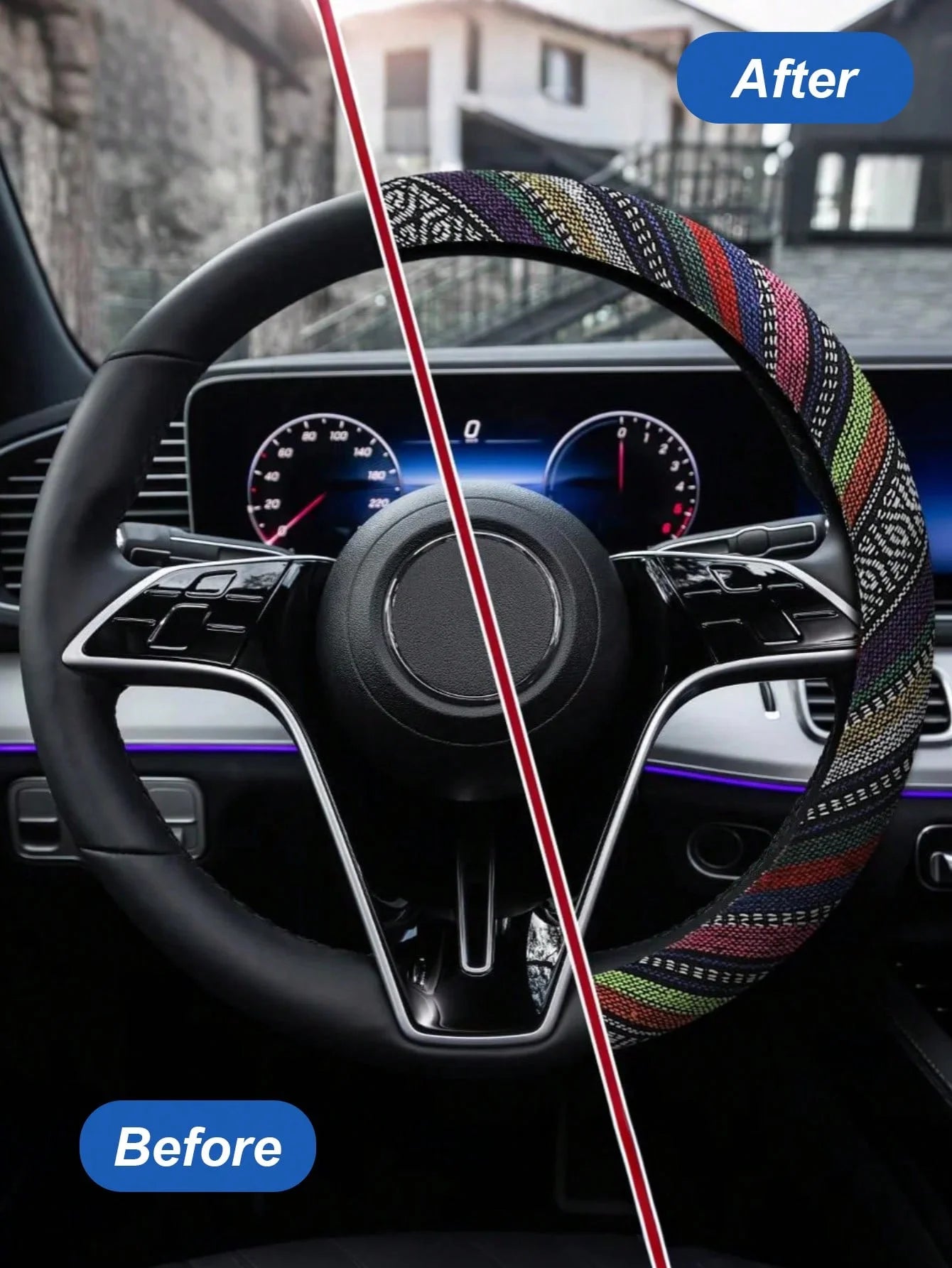 1Pc Bohemian Ethnic Car Steering Wheel Cover, 38cm Universal Fit, Colorful Linen-Like Polyester, No Inner Ring, Easy Install, No CM World