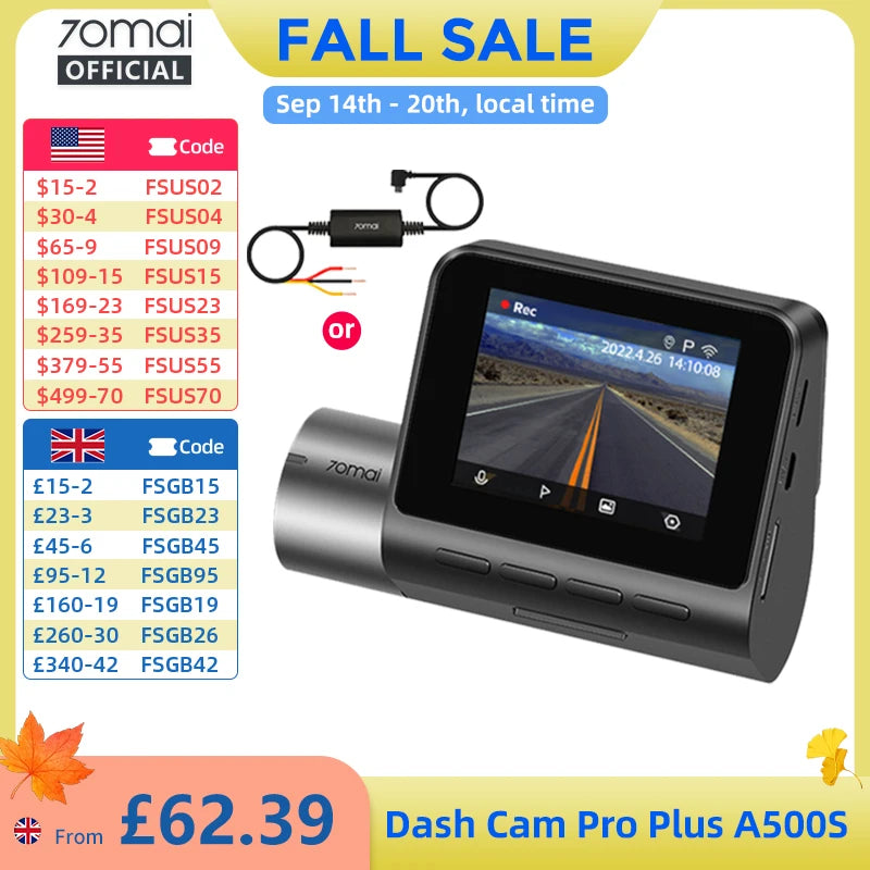 70mai A500S Recorder Car DVR Front Cam A500S 1944P Night Vision 70mai Dash Cam Pro Plus Built-in GPS Wifi Support Rear Cam