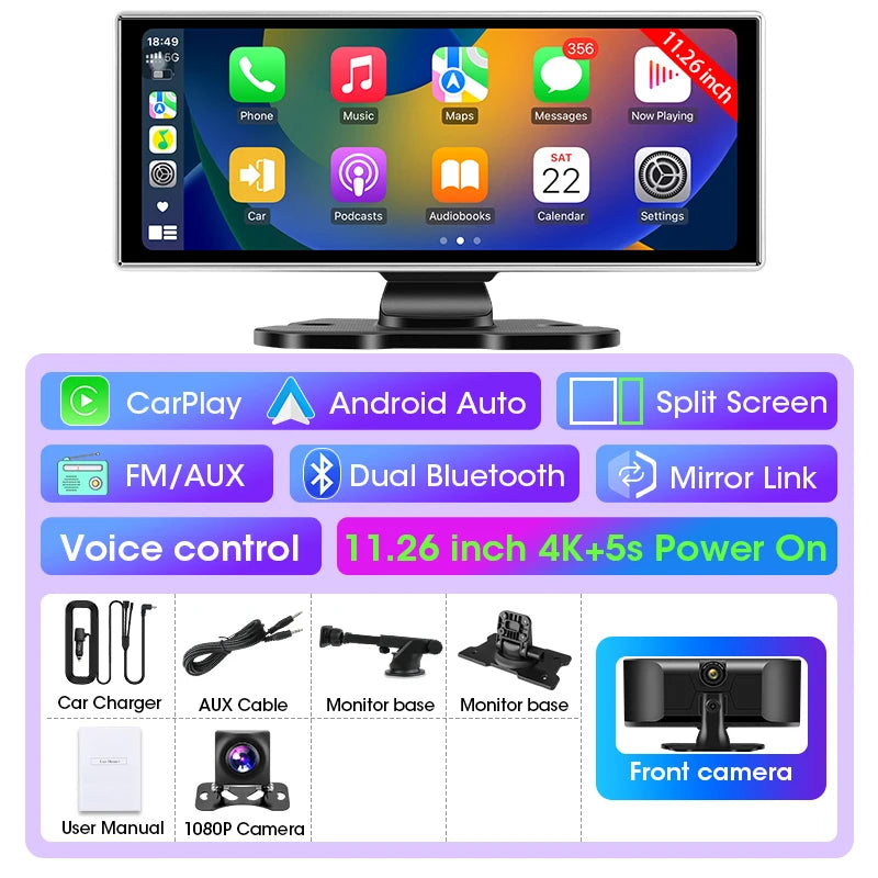 10/11.26 inch Dash Cam 4K Car DVR Wireless Carplay & Android Auto GPS Navigation Video Recorder Dashboard Dual Lens Wifi FM AUX Car Mobile World