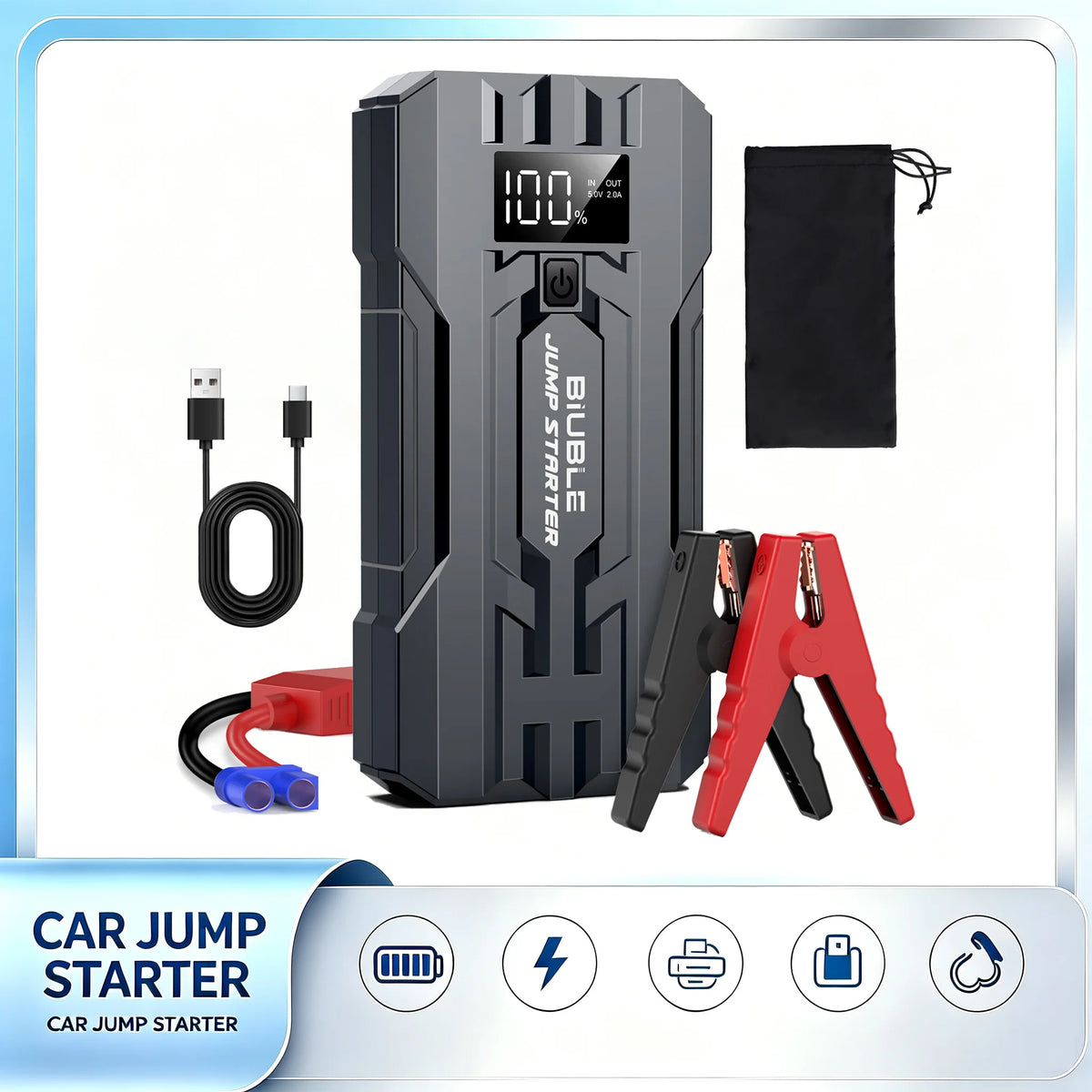 3000A Peak Car Jump Starter, 20000mAh Portable Power Supply, Car Battery Jump Starter, Portable Car Battery Jump Starter, Equipped with Smart Safety Jumper Cable, Includes LED Lighting and Safety Protection Functions