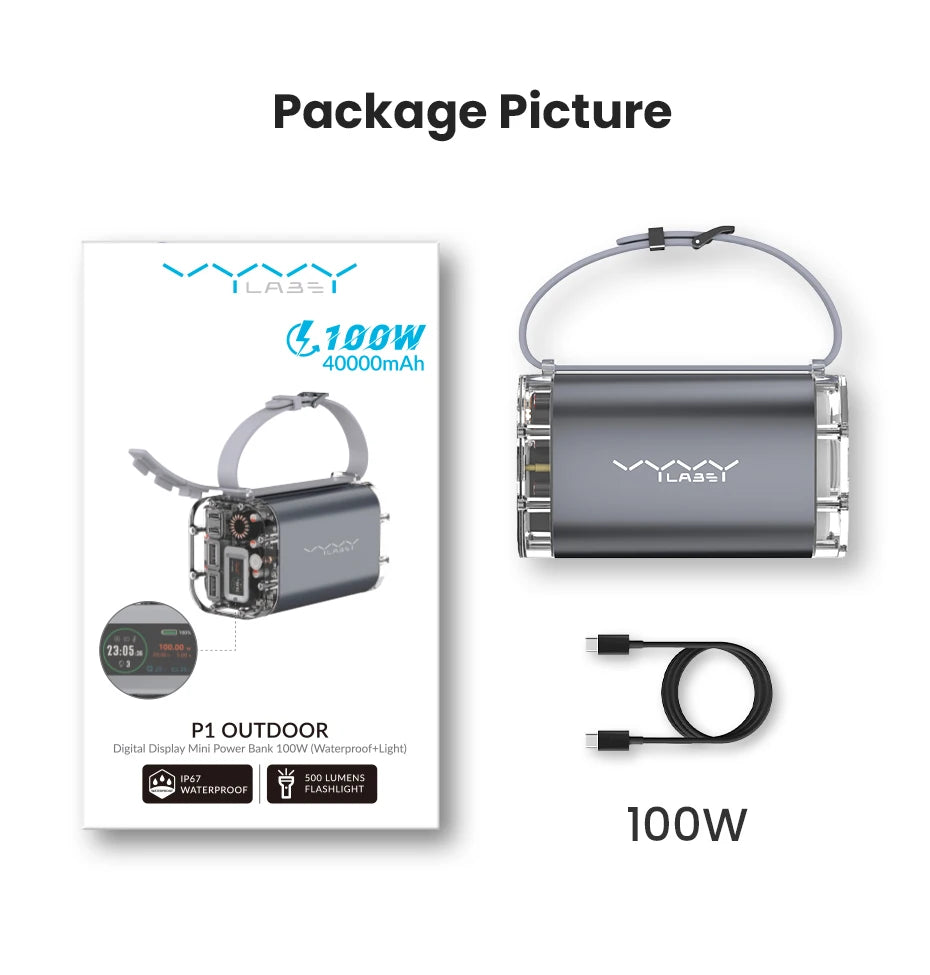 Vyvylabs 40000mAh 100W Power Bank USB C PD Fast Charging Portable Battery with Emergency Flashlight for Camping Travel Emergency