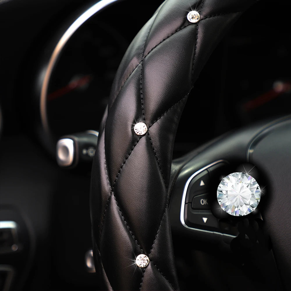 Soft leather embroidered stereo diamond-studded car steering wheel cover with inner ring fits 14.5-15 inches CM World