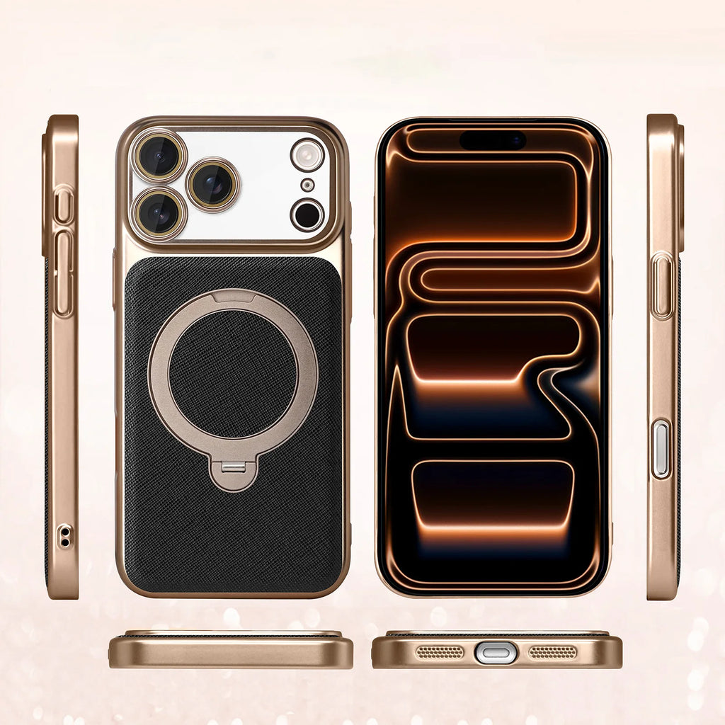 Luxury Business Textured Leather Phone Case, 360° Rotatable Stand Magnetic Protective Cover for iPhone 17 Pro Max 16 15 14