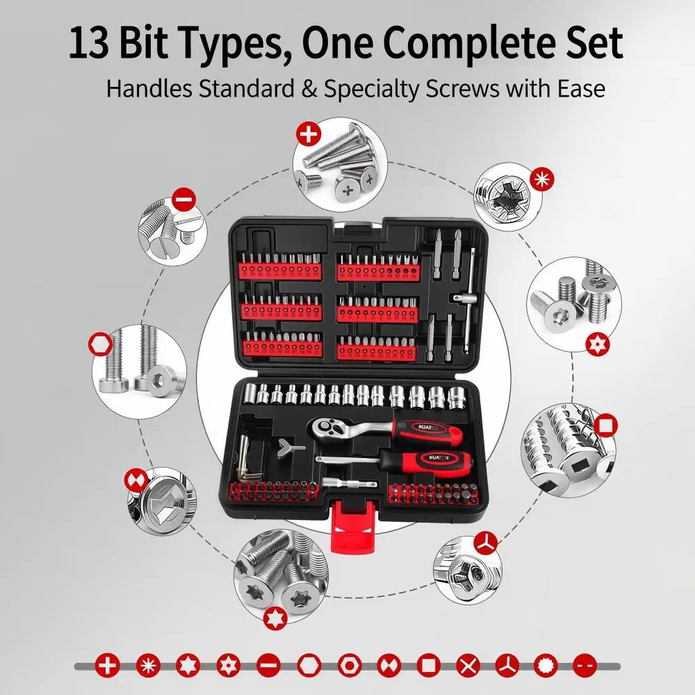 130Pcs 1/4 72 Tooth Ratchet Wrench Socket Screwdriver Hex Wrench Special Shaped Screw Removal Car Motorcycle Home Tool Set Kit