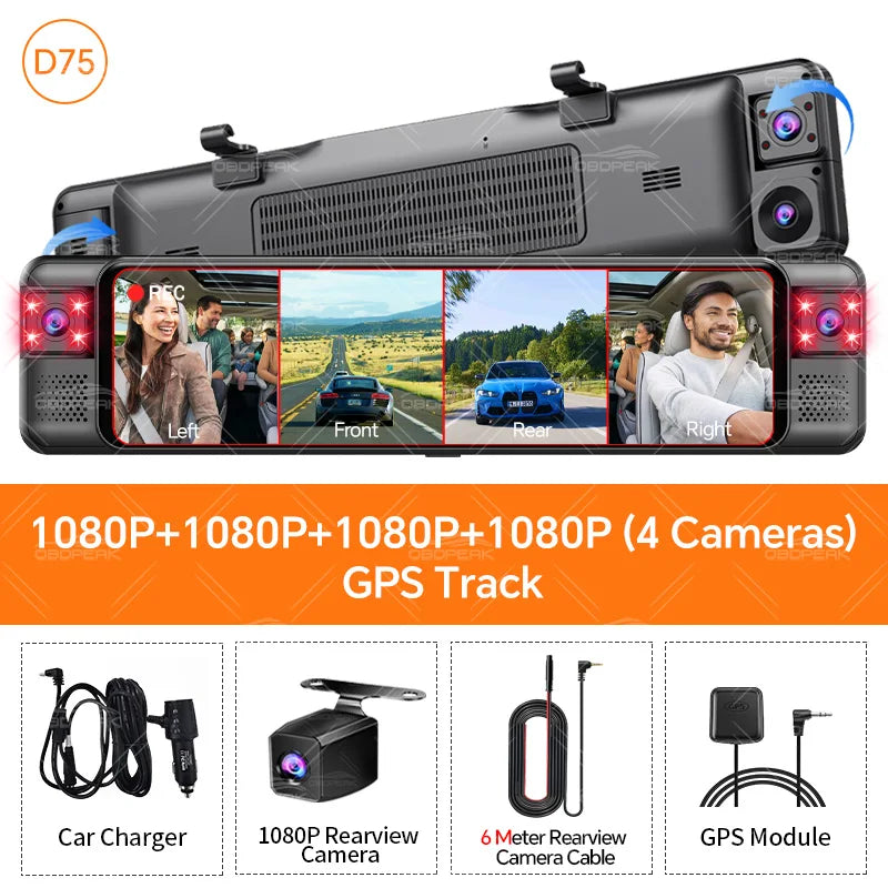 D75 4 Channel 11" Dash Cam Rear View Mirror Camera 1080P Dual Lens Infrared Night Vision WIFI GPS 360 Video Recorder Car DVR