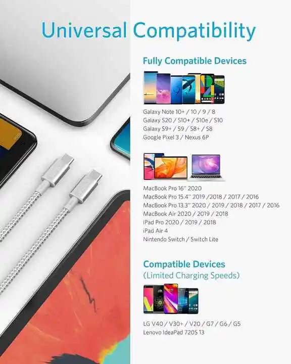 Anker USB C to USB C Cable 100W 10ft New Nylon 2.0 Type C Charging Cable Fast Charge for MacBook Pro iPhone 15 Series