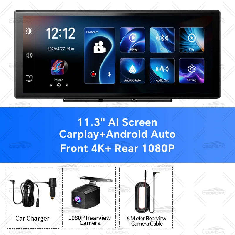 11.3" K5 Pro TPMS Sensors 4K Rear View Dash Cam Carplay & Android Auto WiFi AUX BT Car Drive Recorder GPS Navigation Dual Lens