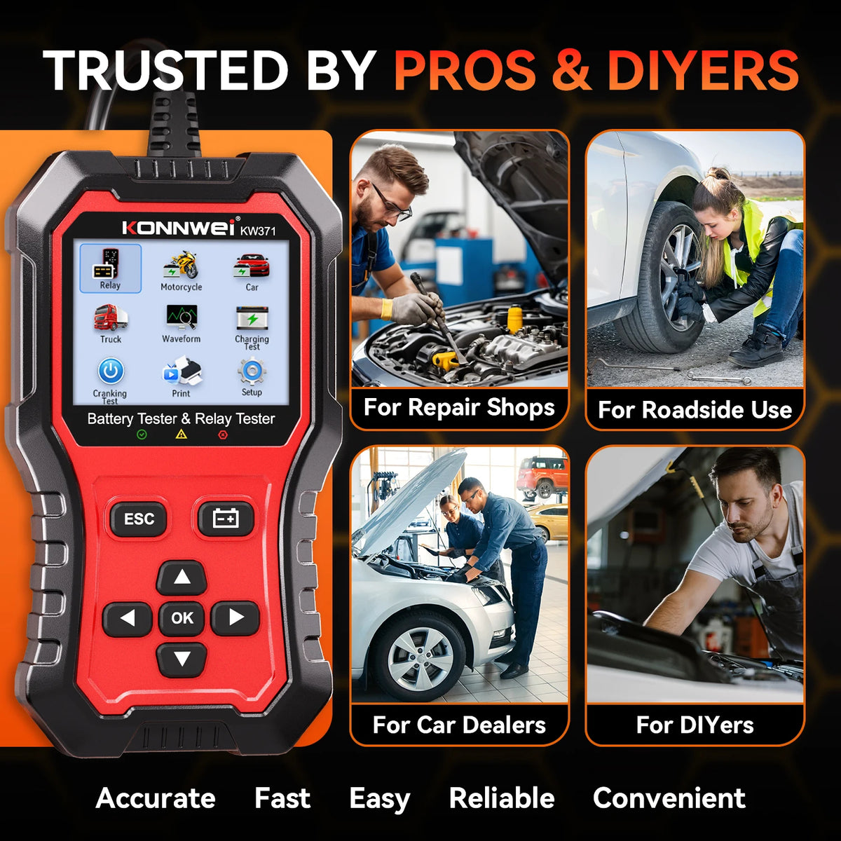 2026 KONNWEI KW371 2in1 Car Battery Tester & 4 Pin 5 Pin Relay Tester 6V 12V 24V Fault Data Print Start Test Charging Scan Tool
