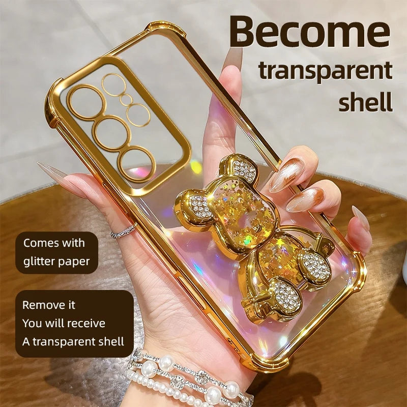 S26 Shockproof Holder Case for Samsung Galaxy S25 Ultra S22 S21 S24 FE S23 Plus Glitter Bear Bracket Stand Luxury Plating Cover