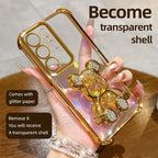 S26 Shockproof Holder Case for Samsung Galaxy S25 Ultra S22 S21 S24 FE S23 Plus Glitter Bear Bracket Stand Luxury Plating Cover