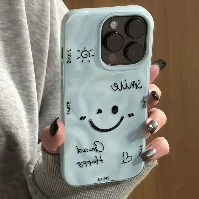 Funny Cartoon Smile Angry Face Phone Case For iPhone 17 16 15 14 13 12 11 Pro 17 15 Plus 17 Air Colorful Folds Texture TPU Cover