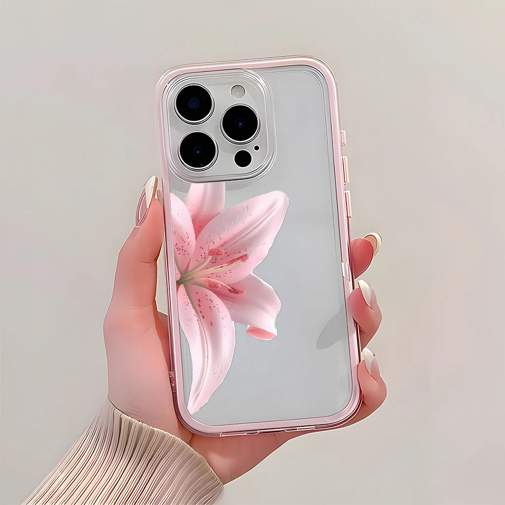 Romantic Pink Lily Clear Phone Case For iPhone 17 16 15 14 13 12 11 Pro Max 17 Air Plus 2 in 1 Candy Color Silicone Soft Cover
