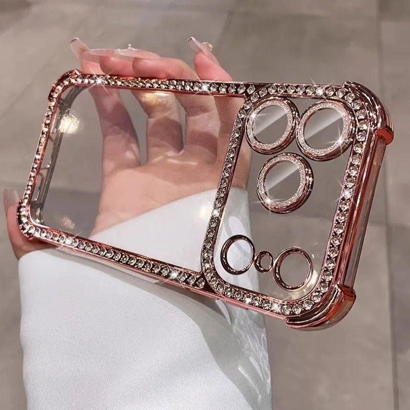 Luxury Bling Diamond Bumper Camera Protection Case For iPhone 17 16 15 14 13 Pro Max Airbag Anti-knock Transparent Soft Cover