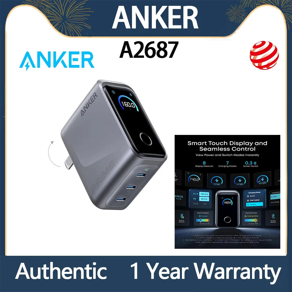 New Anker Prime Charger, 160W 3-Port Compact USB C GaN Charger Block, Smart Display and Touch Control, 140W Max Charging via