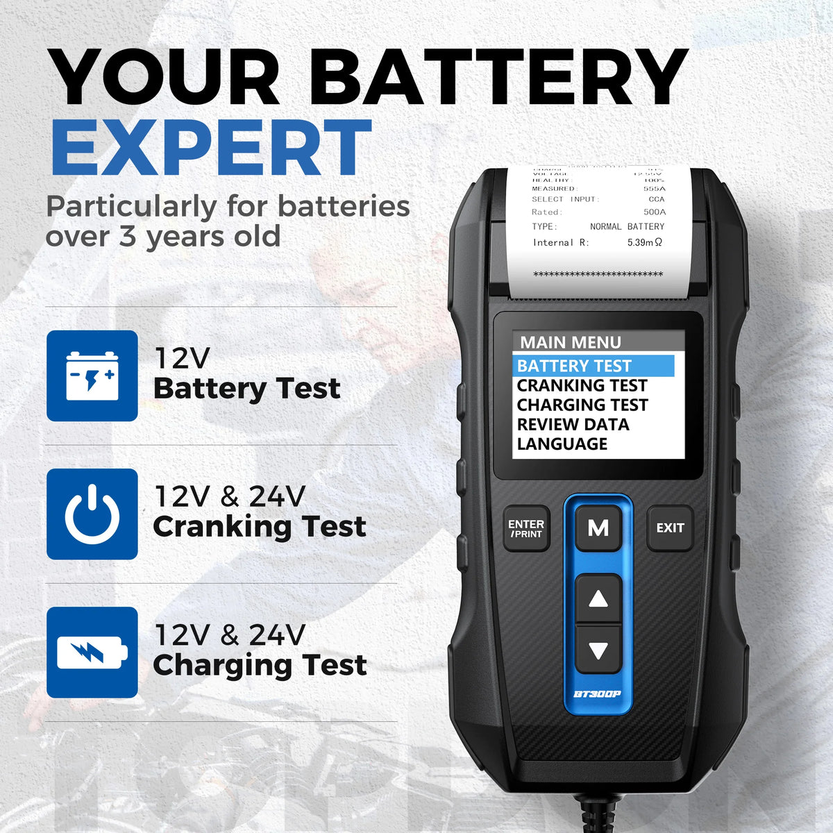 TOPDON BT300P 12V Car Battery Tester with Printer Battery Load Test for Motorcycle Auto Charging Cranking Battery Analyzer
