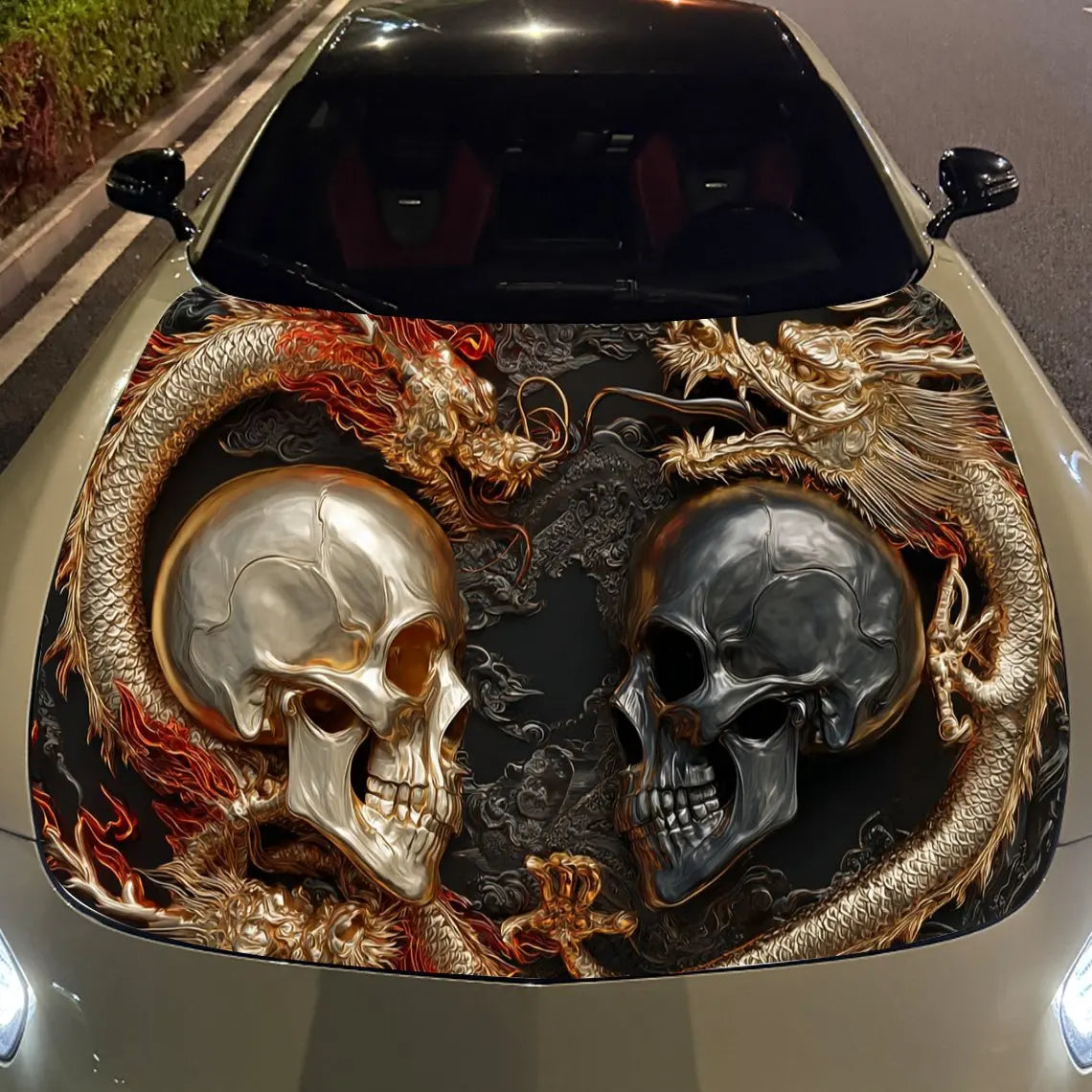Twin Skull Dragon Charm Car Vinyl Wrap, PVC Material Waterproof Car Hood Sticker, Self-Adhesive Scratch-Resistant Stickers for E