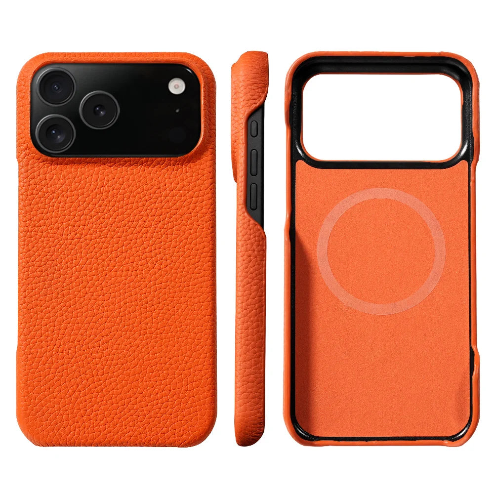 for Magsafe Case for iPhone 17 Air 15 16 Pro Max 17Pro Lychee Natural Cowhide Leather Magnetic Protector Luxury Phone Back Cover Car Mobile World