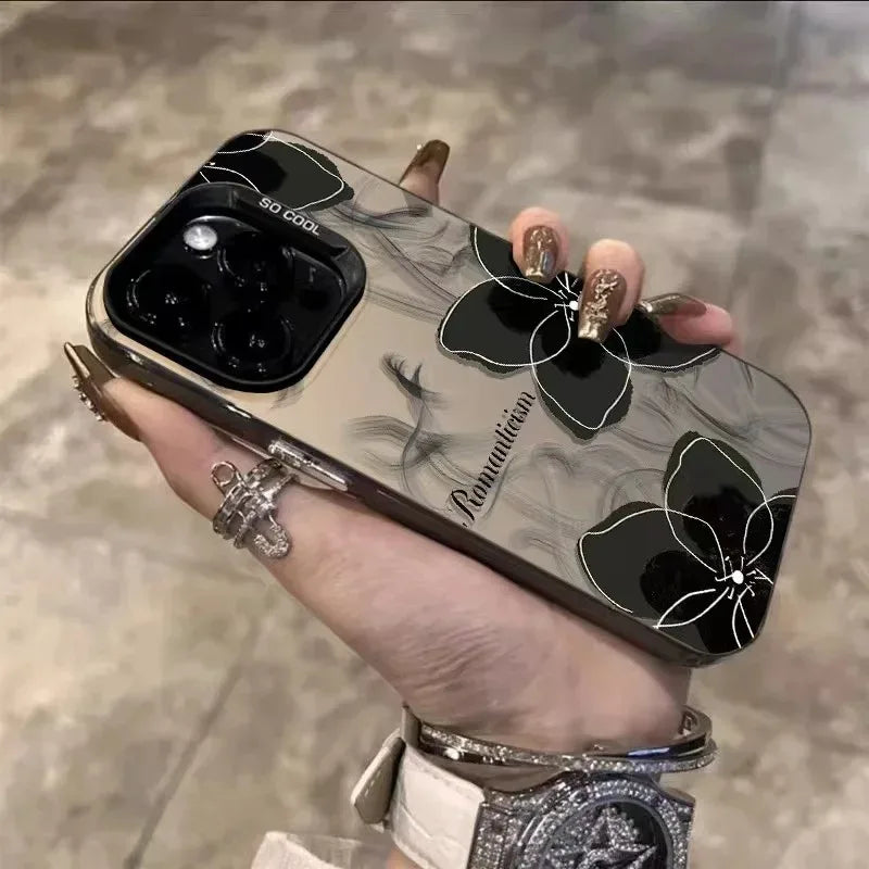 Vintage black floral Phone Case For iPhone 11 13 12 Pro Max 16E 16 15 14 Plus Colorful Silver IMD Shock-proof Rear Phone Cover