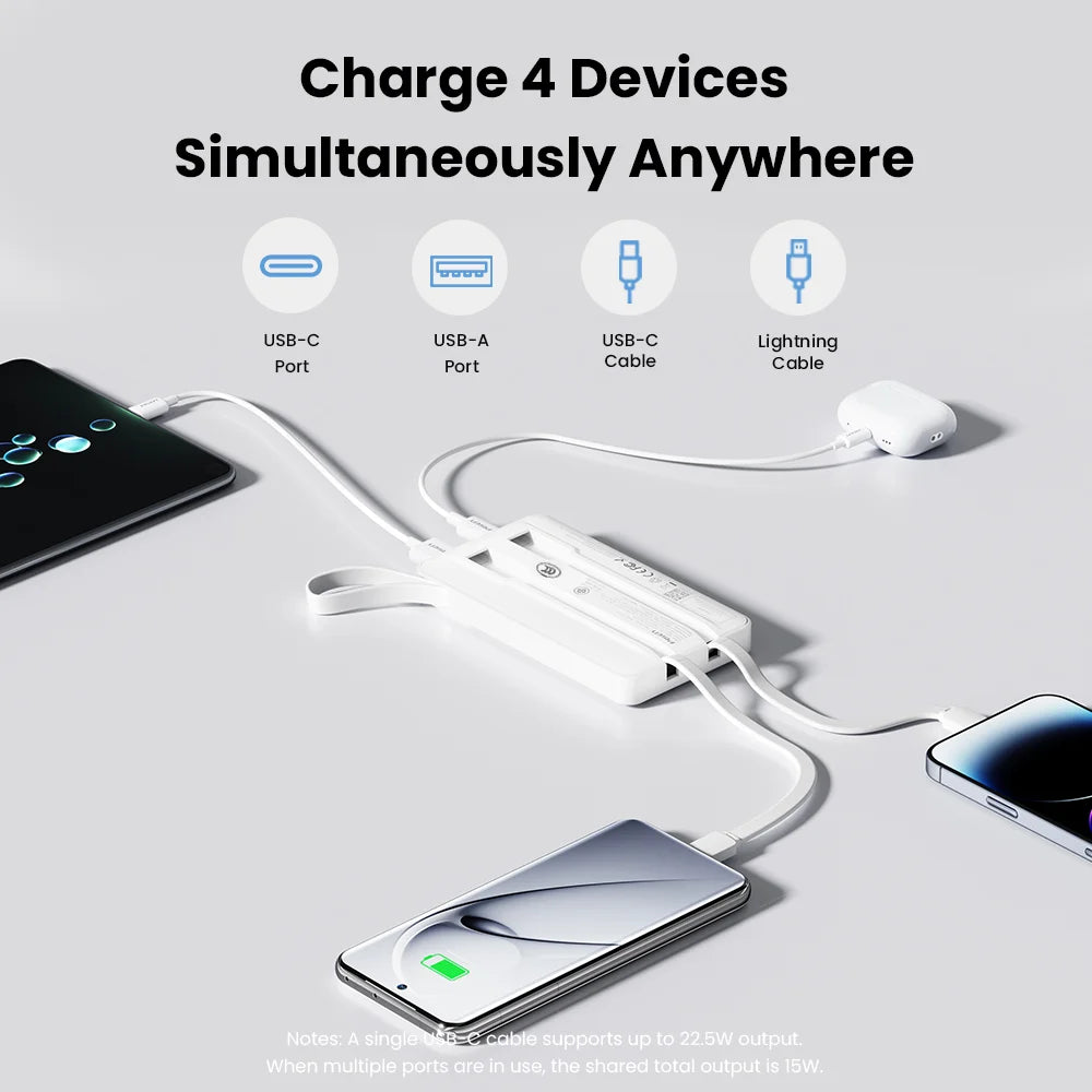 PISEN 3C Certified 22.5W Power Bank 10000mAh/ 20000mAh With Built-in Type C/L Cables Fast Charging Powerbank For iPhone Samsung Car Mobile World