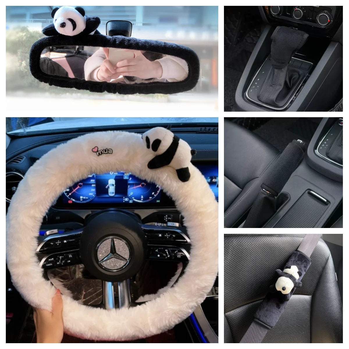 5PCS/Set Panda Plush Steering Wheel Cover for Winter Warm Non-Slip Handle & Gear Shift Cover for Women Car Interior Accessories CM World