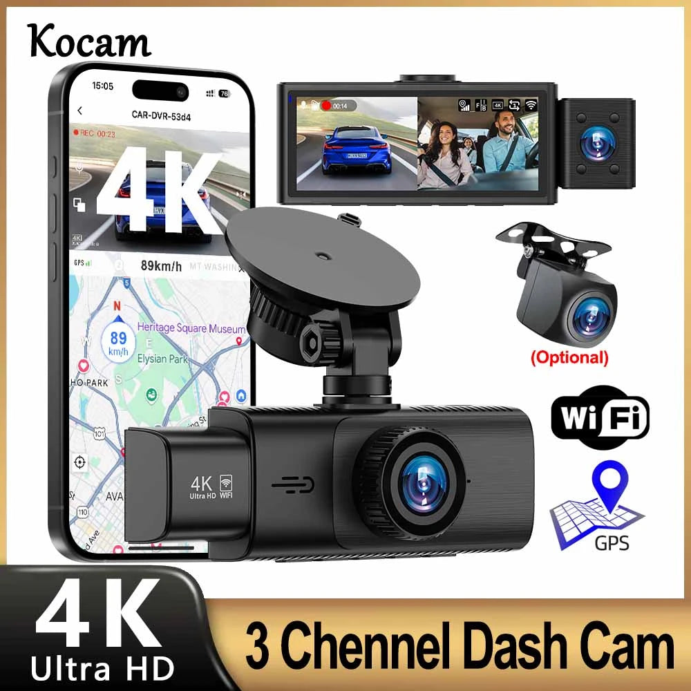 3 Channel WiFi 4K Dash Cam Front and Inside DashCam 1080P Rear Camera Night Vision 24H Parking Car DVR Black Box Support GPS Car Mobile World