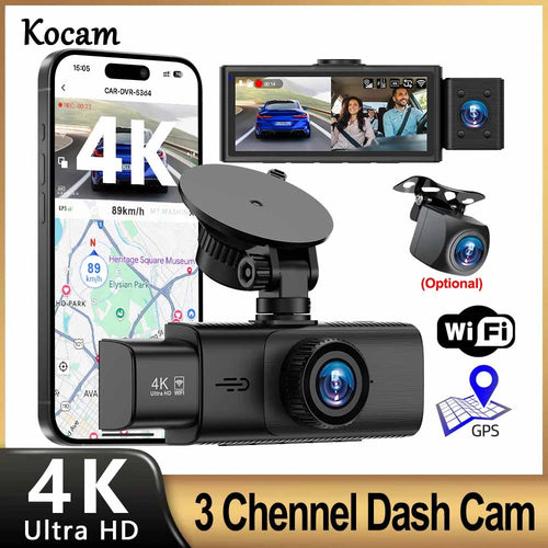 3 Channel WiFi 4K Dash Cam Front and Inside DashCam 1080P Rear Camera Night Vision 24H Parking Car DVR Black Box Support GPS Car Mobile World
