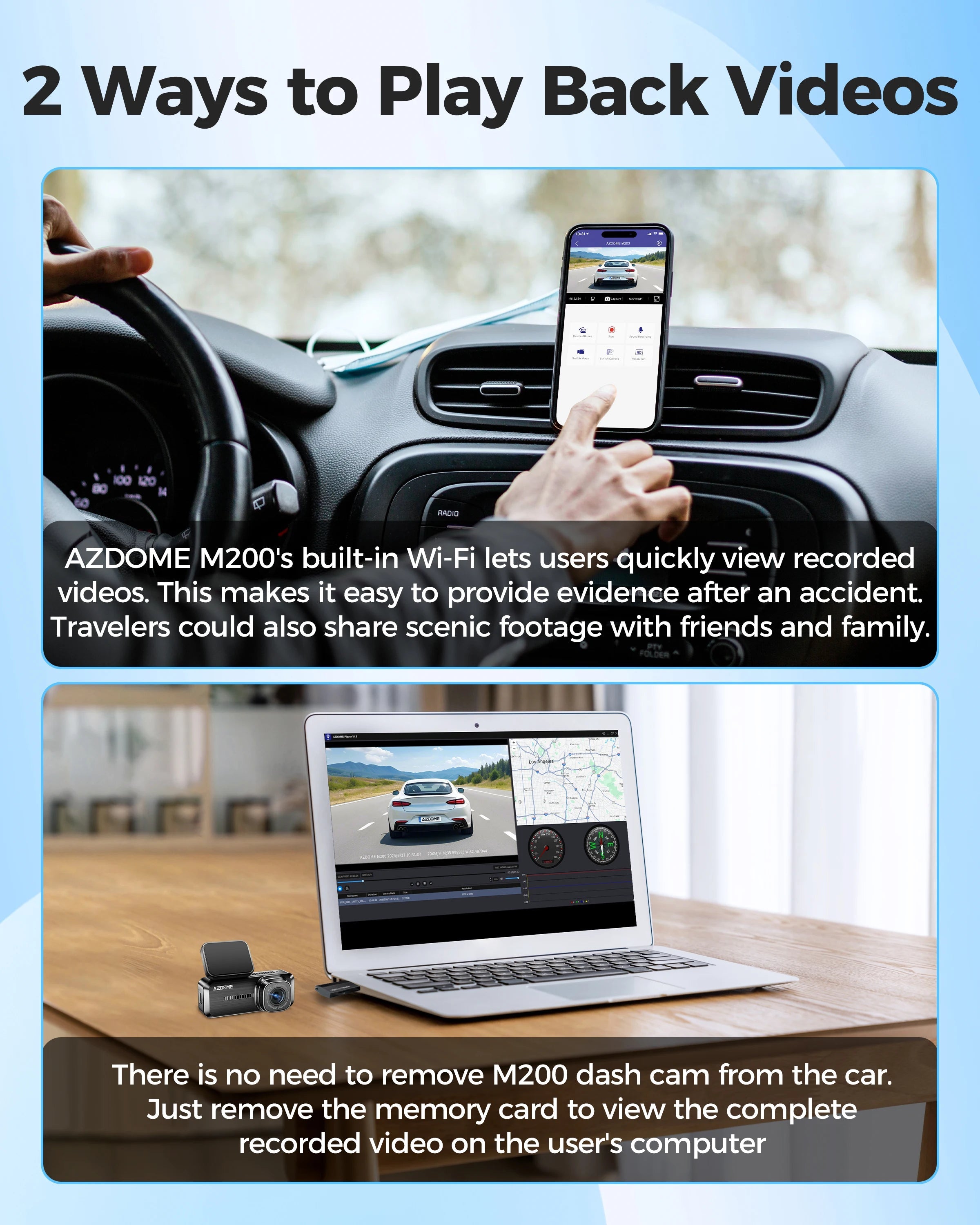 AZDOME 1080P Dash Cam M200 150° Wide Angle Built-in GPS WiFi Car Camera G-Sensor App Control 24H Parking Surveillance Car DVR Car Mobile World