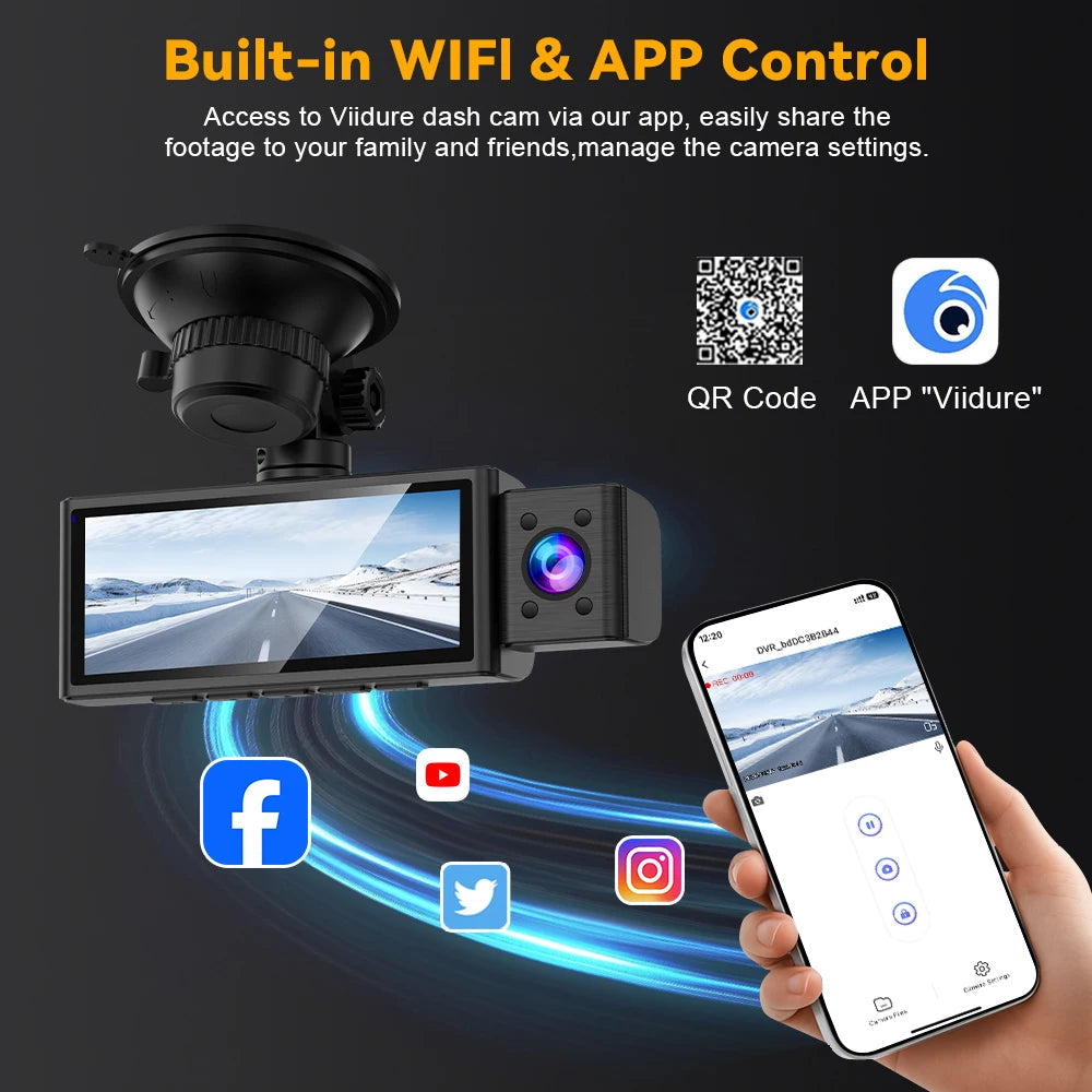 3 Channel WiFi 4K Dash Cam Front and Inside DashCam 1080P Rear Camera Night Vision 24H Parking Car DVR Black Box Support GPS Car Mobile World