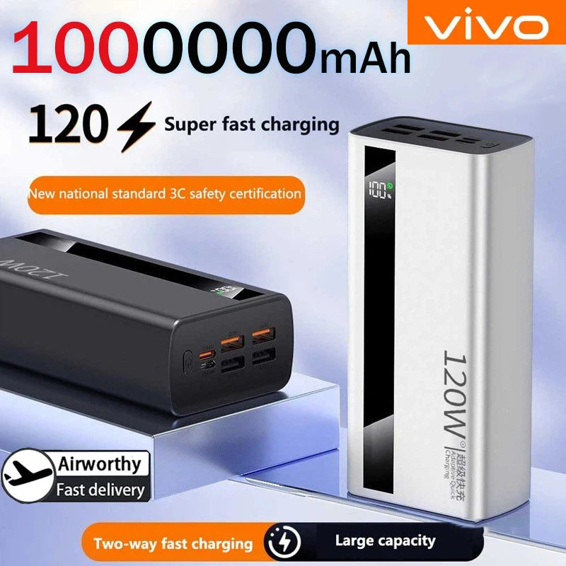 VIVO 1000000mAh Large Capacity Power Bank Digital Display 120W Fast Charging Outdoor Power Supply For Xiaomi Huawei iPhone 2026 Car Mobile World