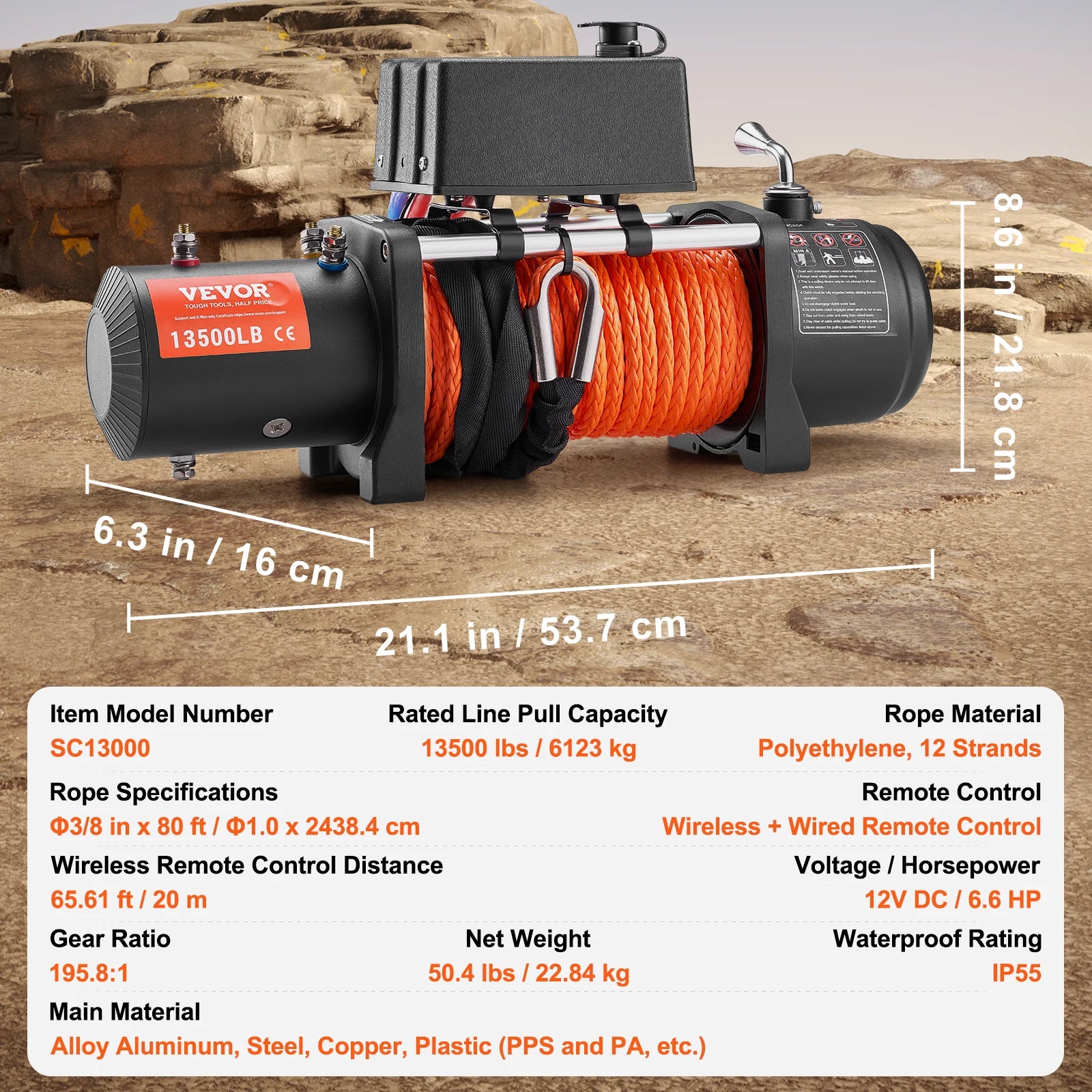 SucceBuy 13500lbs Electric Winch with 3/8in 80ft Synthetic Rope Wireless Truck Winch IP55 Waterproof for Towing Road SUV Jeep CM World