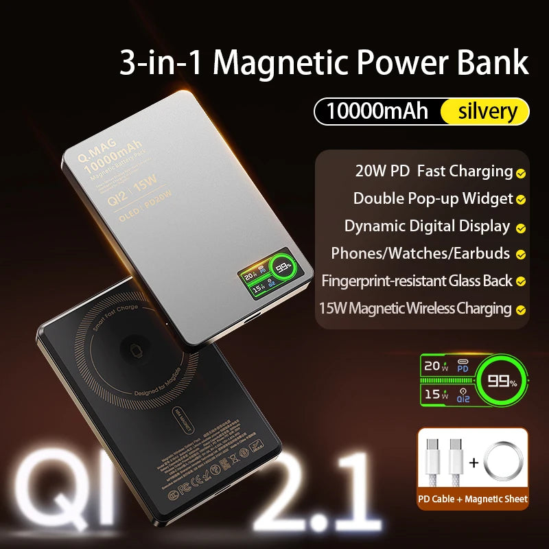Magnetic Wireless Powerbank Qi 2.1 USB-C Fast Charging External Battery for iPhone 12-17 Pro Airpods Apple Watch Xiaomi 10000mAh Car Mobile World
