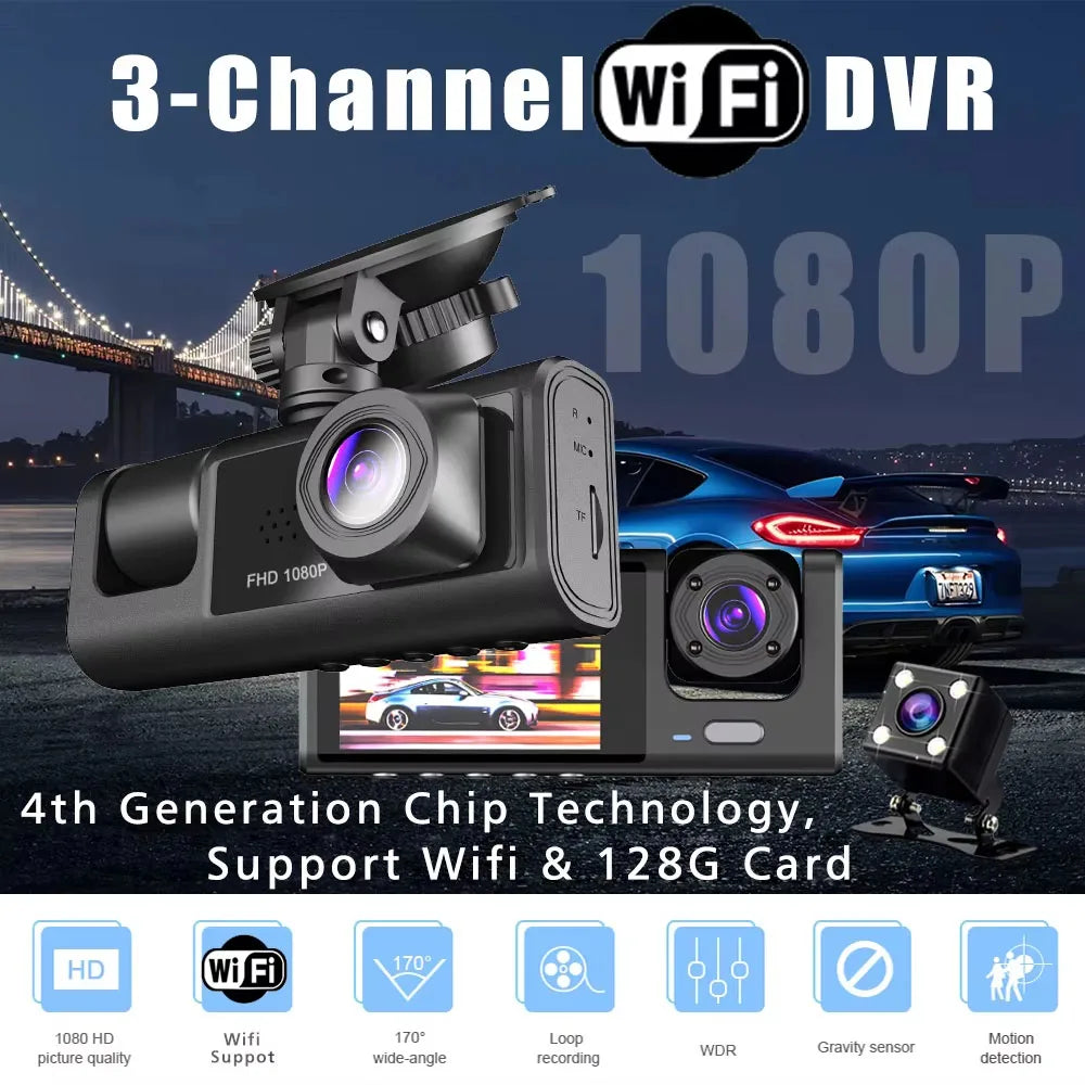 WiFi 3 Channel Car DVR Three Way Dash Cam Inside Vehicle Camera DVRs Recorder FHD 1080P Video Mini Registrator Dashcam Camco