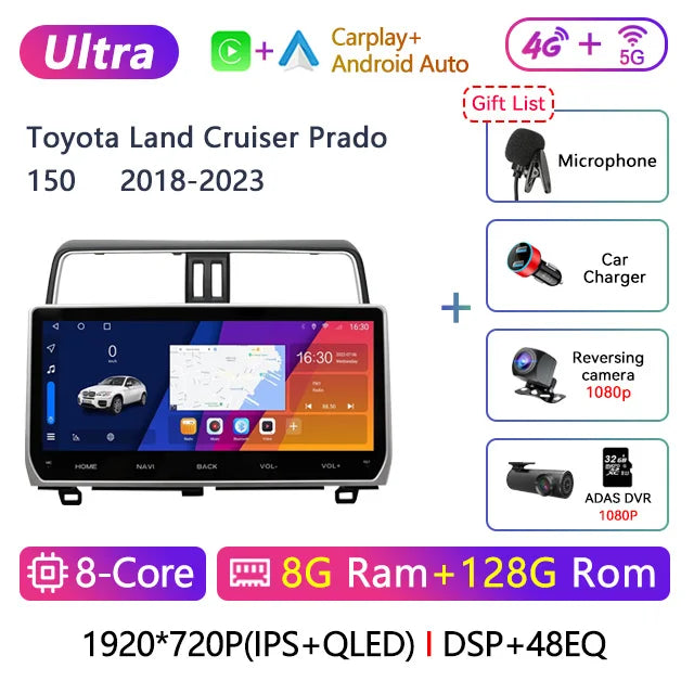 12.3" 2 Din Android Car Radio Multimedia DVD Player For Toyota Land Cruiser Prado 150 2018-2023 Navigation GPS Carplay Head Unit CM World
