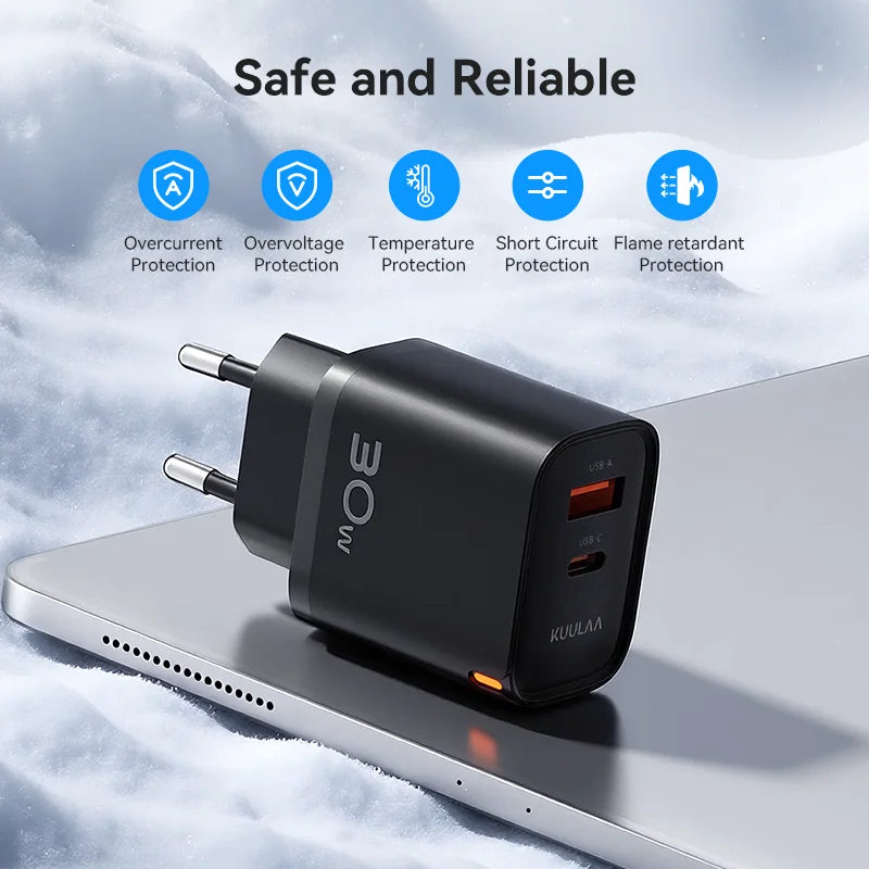KUULAA 30W GaN Charger PD 3.0 QC4.0 USB C Charger For iPhone 17 16 15 Pro Samsung S25 Xiaomi Tablet iPad Air Pro Phone Charger Car Mobile World